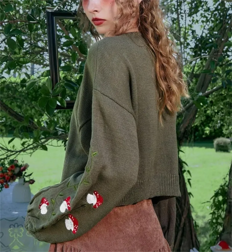 Women's autumn/winter mushroom button embroidered olive cardigan knit sweater - Image 3