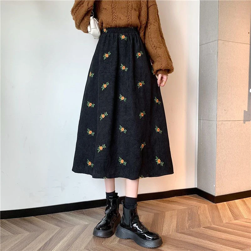Floral Corduroy Skirts Women High Waist Sweet Midi Skirt Elegant Fall Winter - Image 2