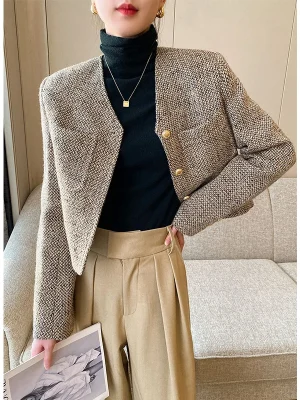 Vintage Cropped Tweed Jacket Women Elegant Short Blazer