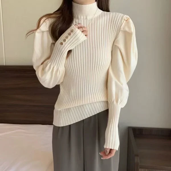 Puff Sleeve Sweaters Women Sweet Long Sleeve Korean Knitted - Image 2