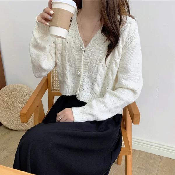 Cardigan Women Sweet Long Sleeve Cropped Elegant Knitted Sweaters Coat - Image 5