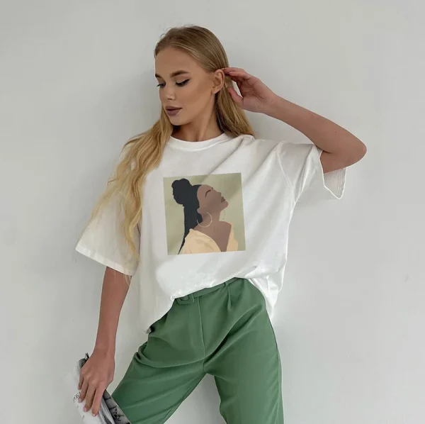 Hirsionsan 2023 Chic Retro Graphic Printed T Shirt Women Summer Loose Casual Female Clothing Elegant O Neck Cotton Lady Tops