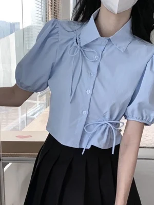 Women Shirts Puff Short Sleeve Summer Fashion Bandage Preppy Style Tops