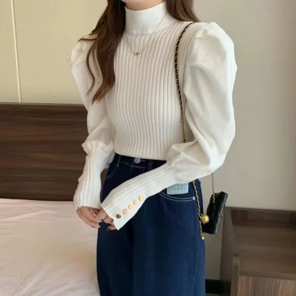 Puff Sleeve Sweaters Women Sweet Long Sleeve Korean Knitted - Image 6