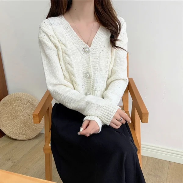 Cardigan Women Sweet Long Sleeve Cropped Elegant Knitted Sweaters Coat - Image 7