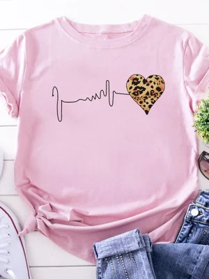 Women Leopard Heartbeat T Shirt Summer Short Sleeve Print Tees Loose