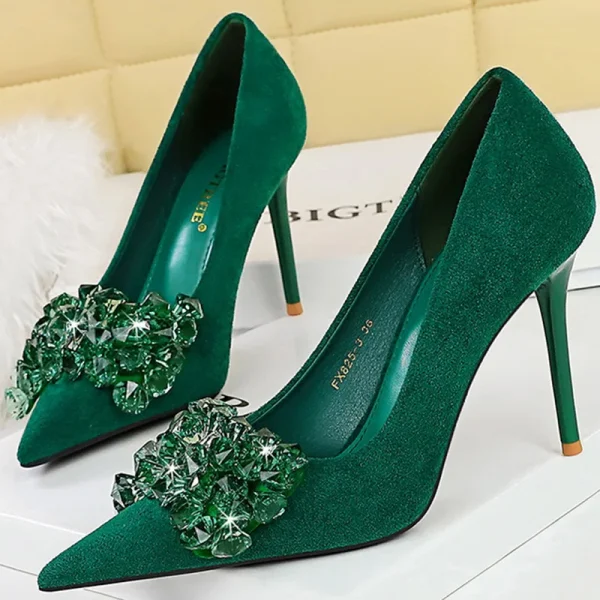 Party Women Pumps 9cm Thin High Heels Flock Shallow Pointed Toe Gemstone Crystal - Image 3