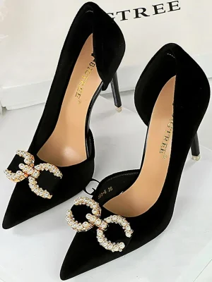 High Heels Shallow Pointed Toe Velvet Side Hollow Pearl Rhinestone Buckle Butterfly Knots Ladies Shoes