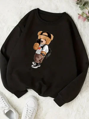 Kawaii Bear Print Sweatshirt Women Soft Cartoon Graphic Hoodies