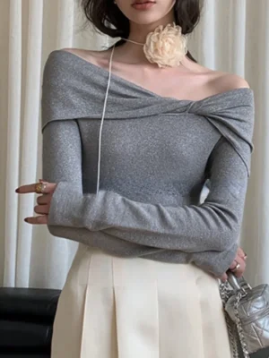 Off Shoulder Knitted Shirt Women Sweater Pullover Tops Autumn