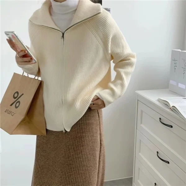 Vintage Zipper Women Cardigan Sweaters Korean Casual Long Sleeve - Image 2