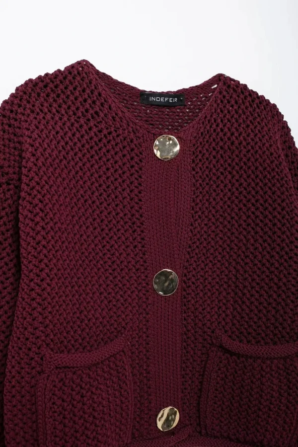 Women Elegant Burgundy Red Cardigan Fashion O Neck Long Sleeve Sweaters - Image 4