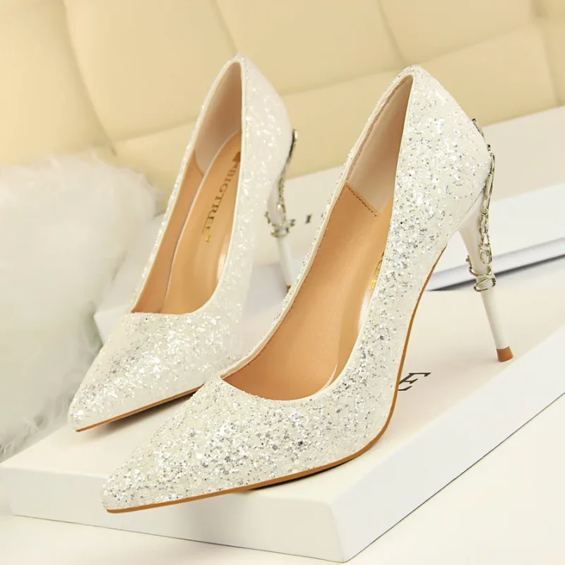 Women 9.5cm High Heels Pumps Lady Stiletto Wedding Bridal Gold Silver Heels