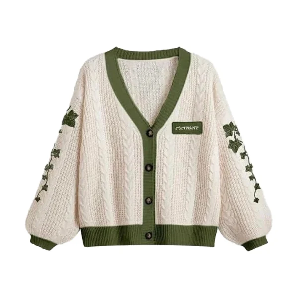 Evermore Cardigan Taylor Version Green Vine Embroidered Button Down Cable Knit Sweater