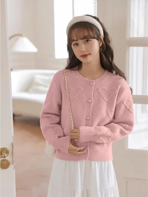 Women Elegant Long Sleeve Loose Japan Knitted Coat Casual O Neck Lady