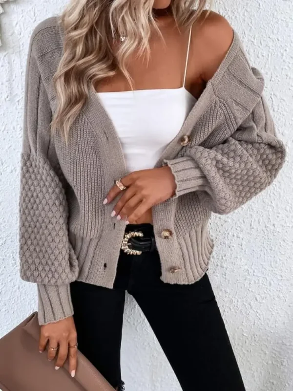 Women's autumn and winter V-neck solid color long sleeve cardigan - Image 2