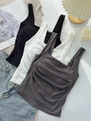 Cotton Corset Top Tank Top Women Ruched Bustier Summer Camis Square Neck