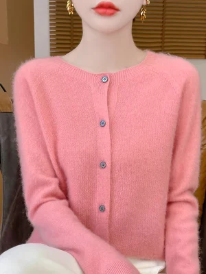 New Fashion Women’s 100% Merino Wool Sweater O-neck Long Sleeve Cardigan Sweater Top