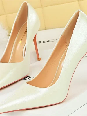 Women Elegant Pumps 10cm High Heels Bling Leather Pointed Toe Scarpins Heels