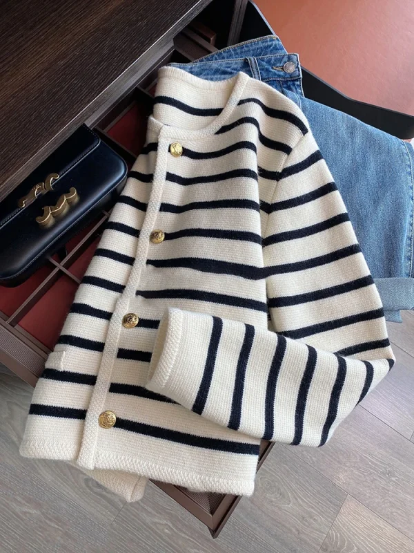 Women Spring Autumn Sweaters O-neck Stripe Knitted Cardigan Fashion - Image 2