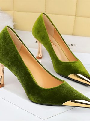 Women 7cm High Heels Green Burgundy Pumps Lady Metal Cap Toe Velvet