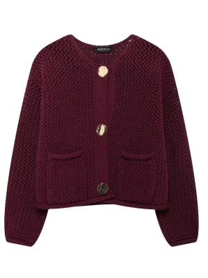 Women Elegant Burgundy Red Cardigan Fashion O Neck Long Sleeve Sweaters