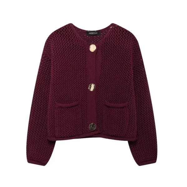 Women Elegant Burgundy Red Cardigan Fashion O Neck Long Sleeve Sweaters