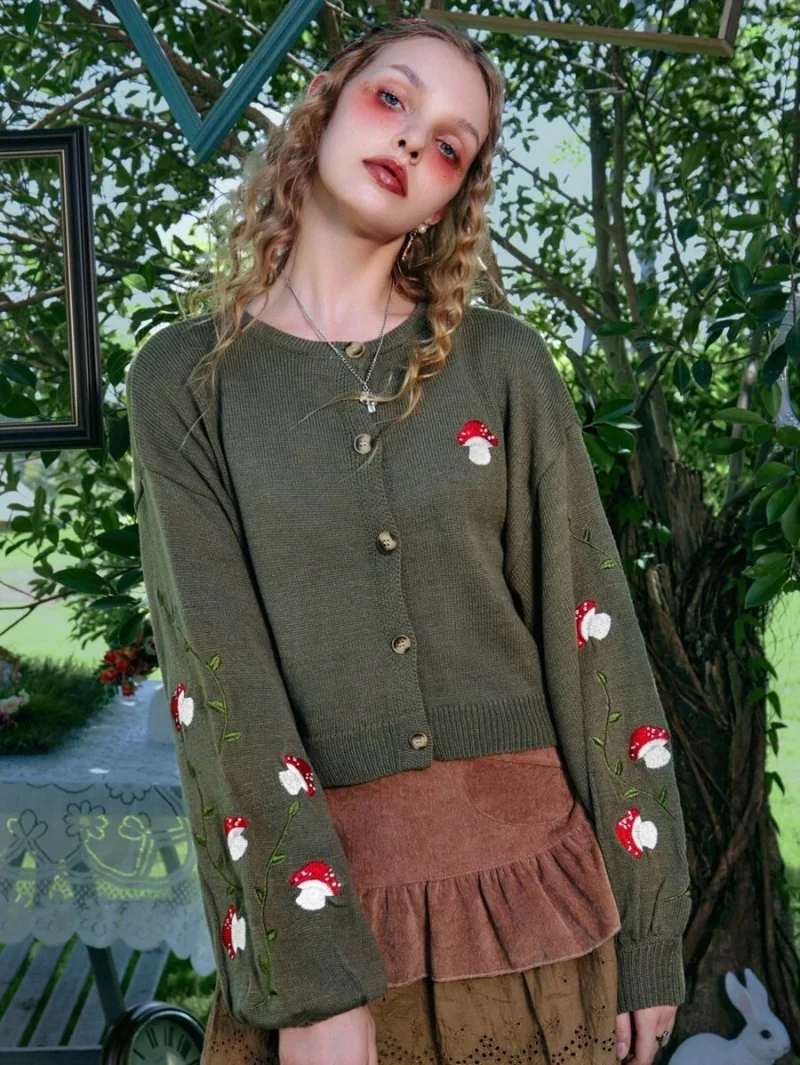 Women's autumn/winter mushroom button embroidered olive cardigan knit sweater - Image 5