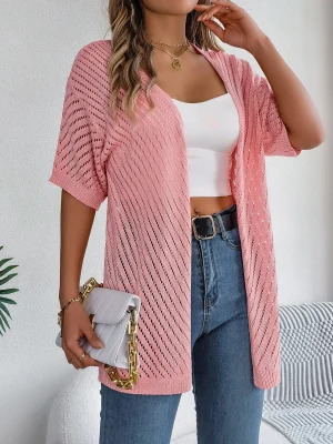 Casual Solid Color Short Sleeve Hollow Out Knitted Cardigans For Women