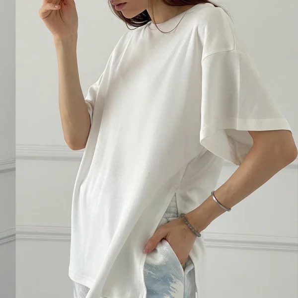 Summer Oversized Cotton T Shirt Women New Loose Solid Split Tees - Image 4