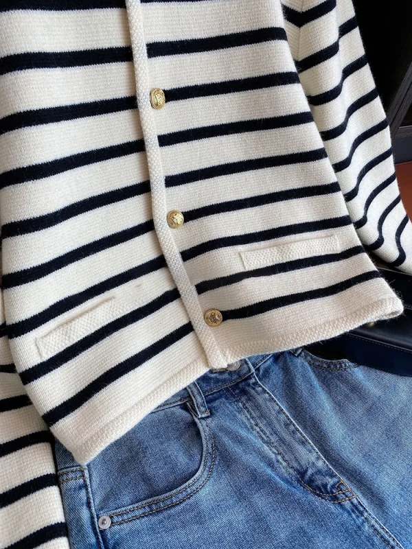 Women Spring Autumn Sweaters O-neck Stripe Knitted Cardigan Fashion - Image 4