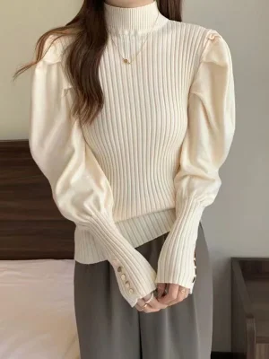 Puff Sleeve Sweaters Women Sweet Long Sleeve Korean Knitted