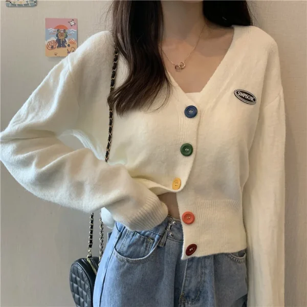 Cardigan Sweaters Women Casual Sweet Rainbow Buttons Knitted Coat Korean Female - Image 2