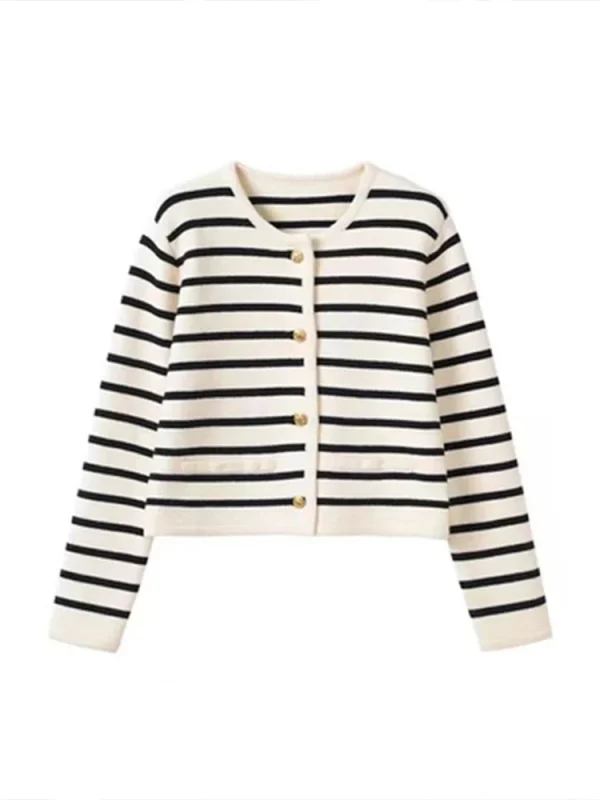 Women Spring Autumn Sweaters O-neck Stripe Knitted Cardigan Fashion - Image 5