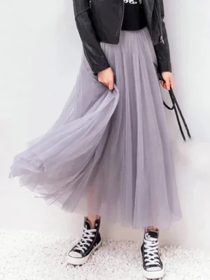 Women Tulle SkirtStreetwear Elastic High Waist Mesh Pleated Skirts Summer