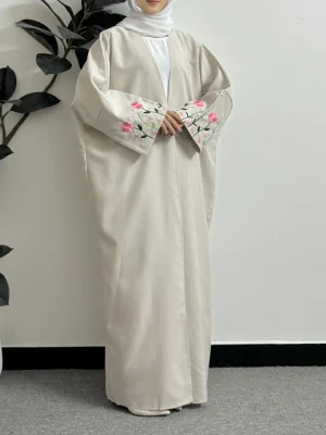 Embroidery Floral Open Front Abaya Women Maxi Length Dress Women’s