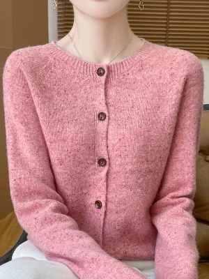 Pure Wool Knitted Cardigan Women’s O neck Sweater Autumn and winter thickened