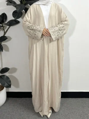 Islamic Clothing Open Front Abaya Muslim Kaftans Embroidery Long Sleeve Maxi