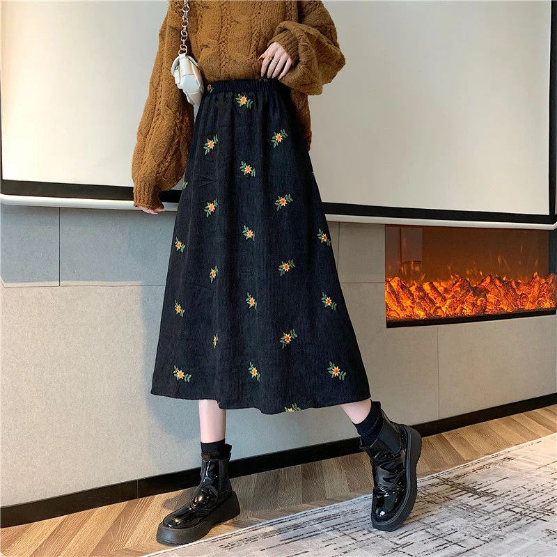 Floral Corduroy Skirts Women High Waist Sweet Midi Skirt Elegant Fall Winter - Image 4
