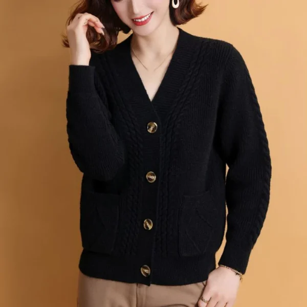 Winter V Neck Knitted Cardigan Women Simple Long Sleeve Twist Sweaters - Image 3