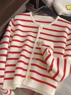 Women Stripe Knitted Cardigans Spring Autumn O-neck Single Breasted