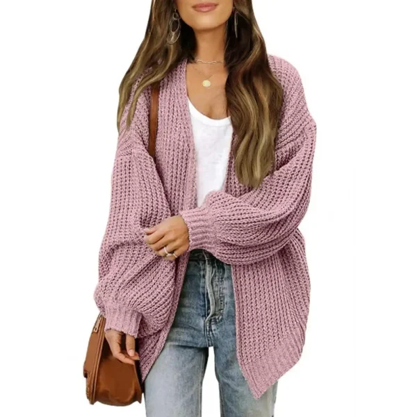 Winter Women Solid Color Cardigan Sweater Lantern Long Sleeve Open Front Knitting Coat - Image 4