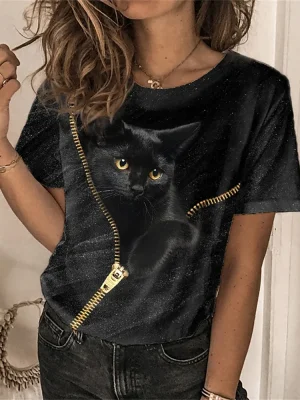 Fashion Womens T-shirt 3D Kawaii Cat Print Tees Tops 2024