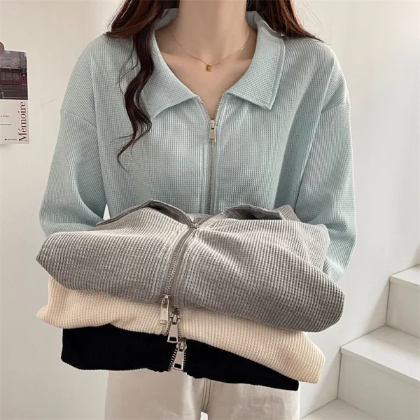 Double Zipper Sweatshirts Women Casual Long Sleeve Fashion Short - Image 2