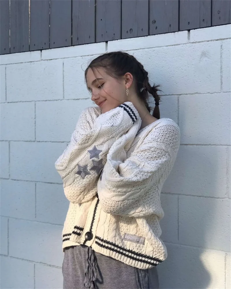 Star Loose Sweaters for Women Long Sleeve Single Breasted Oversize Knitted Cardigans - Image 3