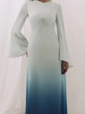 Elegant V-neck Long-sleeve Women Muslim Dresses Bell-sleeve Gradient-colored Maxi dress