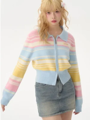 Fashion Rainbow Cardigan Sweaters Women Casual Zipper Sweet Knitted Short Coat