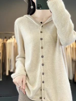 Sweater Women’s Hooded Cardigan Loose Sweater Long Sleeve Button Knitted Sweater Jacket