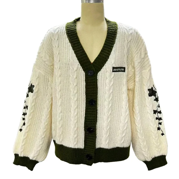 Evermore Cardigan Taylor Version Green Vine Embroidered Button Down Cable Knit Sweater - Image 5