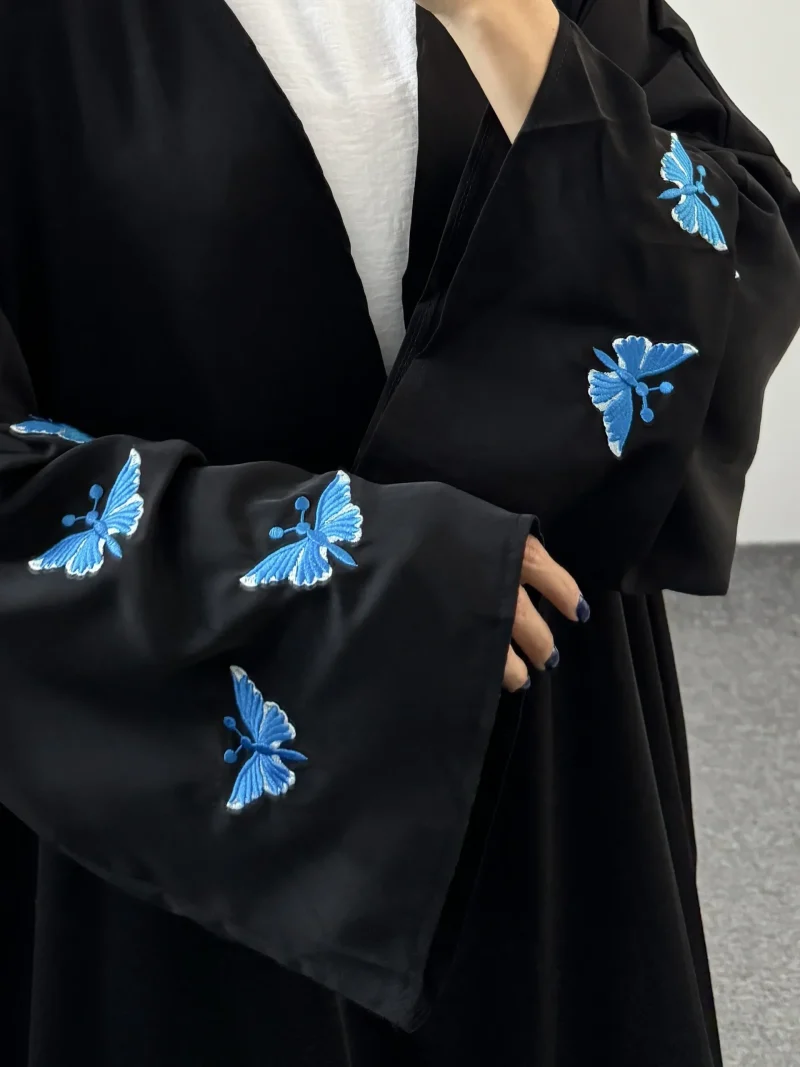 Butterfly Embroidery Open Front Abaya Long Sleeve Maxi Length Dress Women's - Image 12
